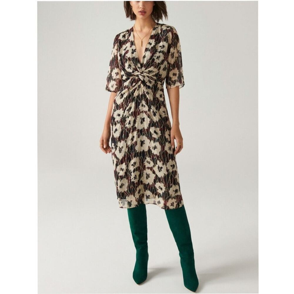 Ba&sh Kaz Metallic Floral Midi Dress – Ecru – Size S – NWT